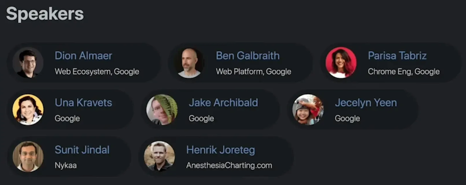 List of speakers with name, company, and photo